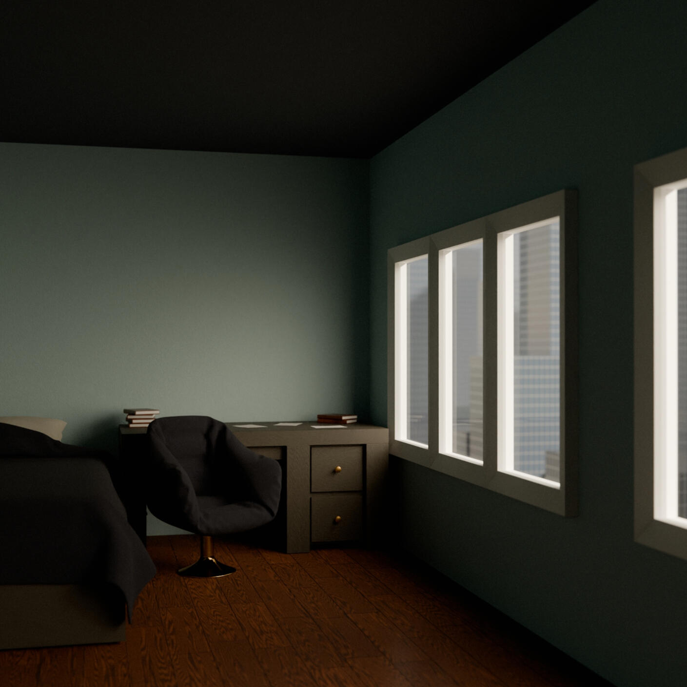 "Grey Mornings," 2024. Digital 3D render.