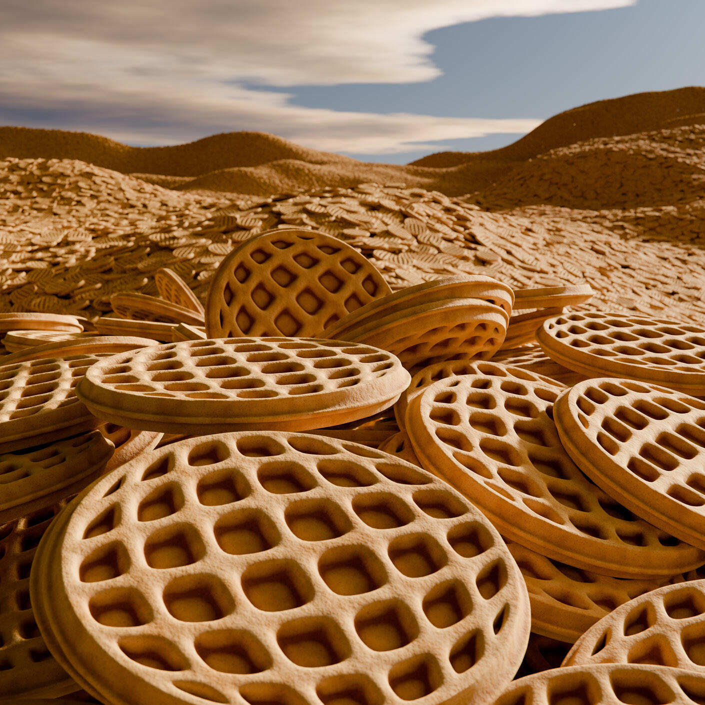 "The Land of Waffles," 2024. Digital 3D render.